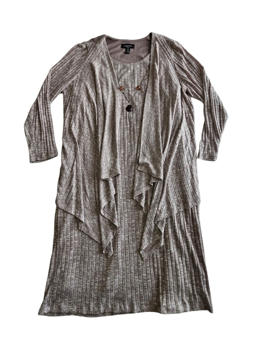 R&M Richards Women's Plus Size 18 Taupe Ribbed Knit Dress & Draped Cardigan Set
